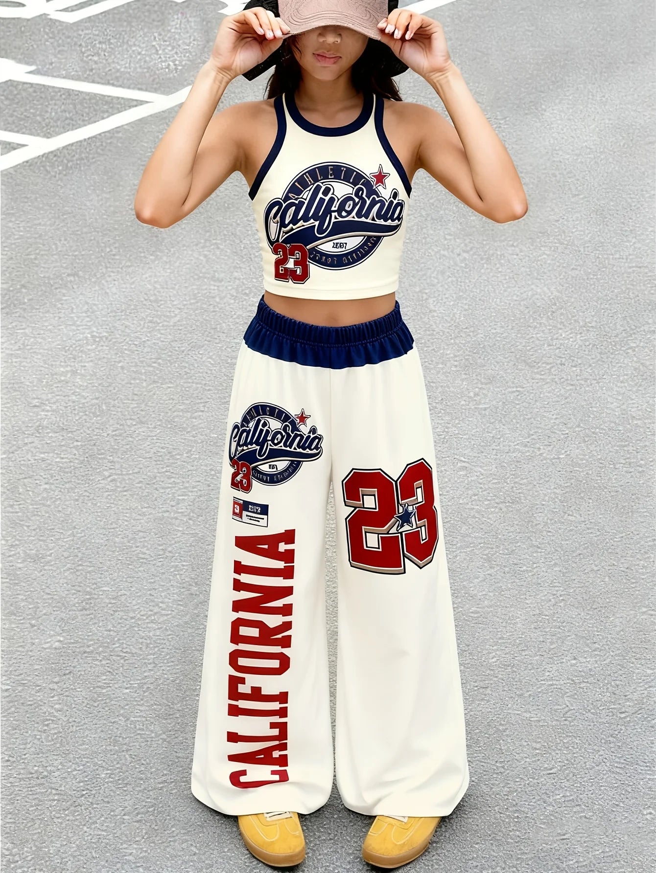 Girls' summer trendy and cool sports style set sleeveless vest with letter print paired with wide leg pants for street fashion