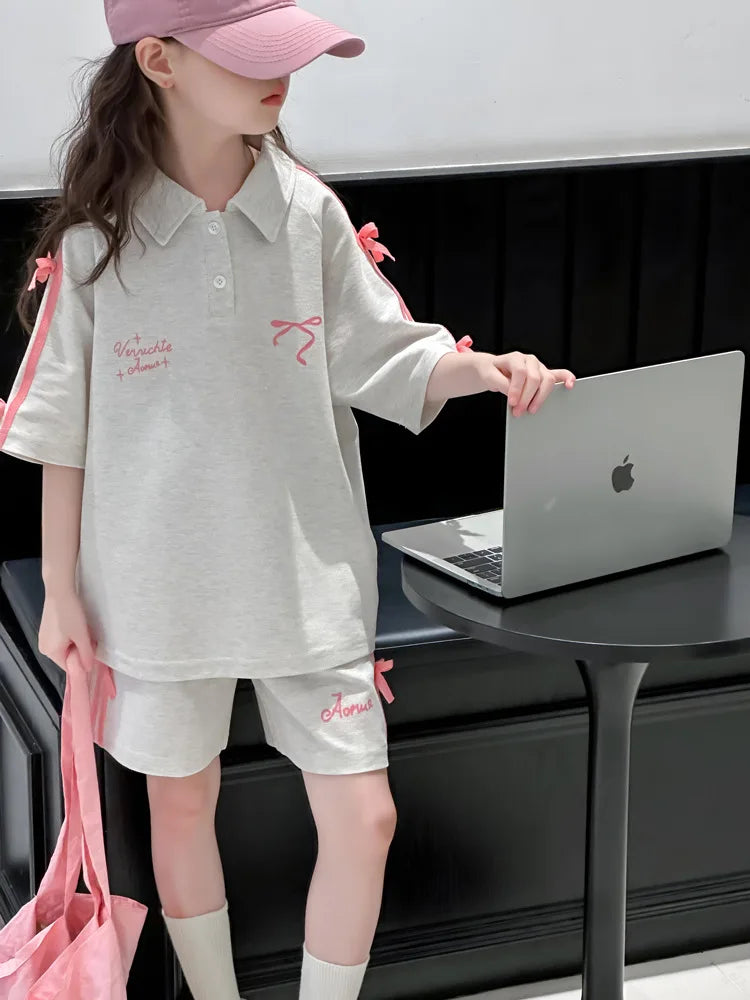 New Girls Summer Sports Webbing Bow T-Shirt Suit 2025 Big Children Korean Version of the Summer Polo Shirt Short-Sleeved Shorts