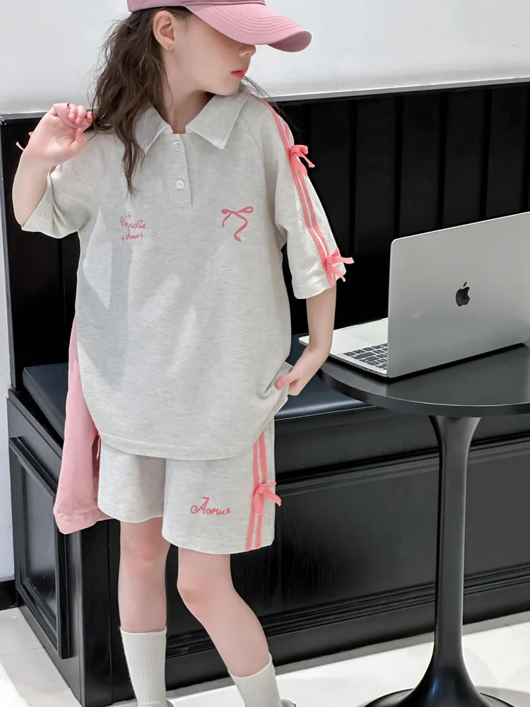 New Girls Summer Sports Webbing Bow T-Shirt Suit 2025 Big Children Korean Version of the Summer Polo Shirt Short-Sleeved Shorts