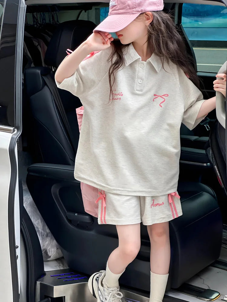 New Girls Summer Sports Webbing Bow T-Shirt Suit 2025 Big Children Korean Version of the Summer Polo Shirt Short-Sleeved Shorts