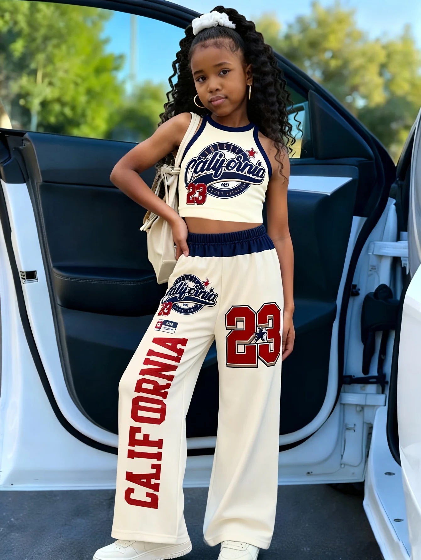 Girls' summer trendy and cool sports style set sleeveless vest with letter print paired with wide leg pants for street fashion